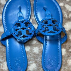 Like New: Tory Burch Blue Miller Sandal, Embossed Leather, Size 7
